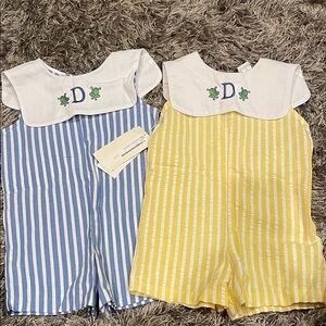 Striped Sailor-Collar Romper Pair - Blue & Yellow 3T “D”